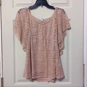 Flutter sleeve tan cream lace top